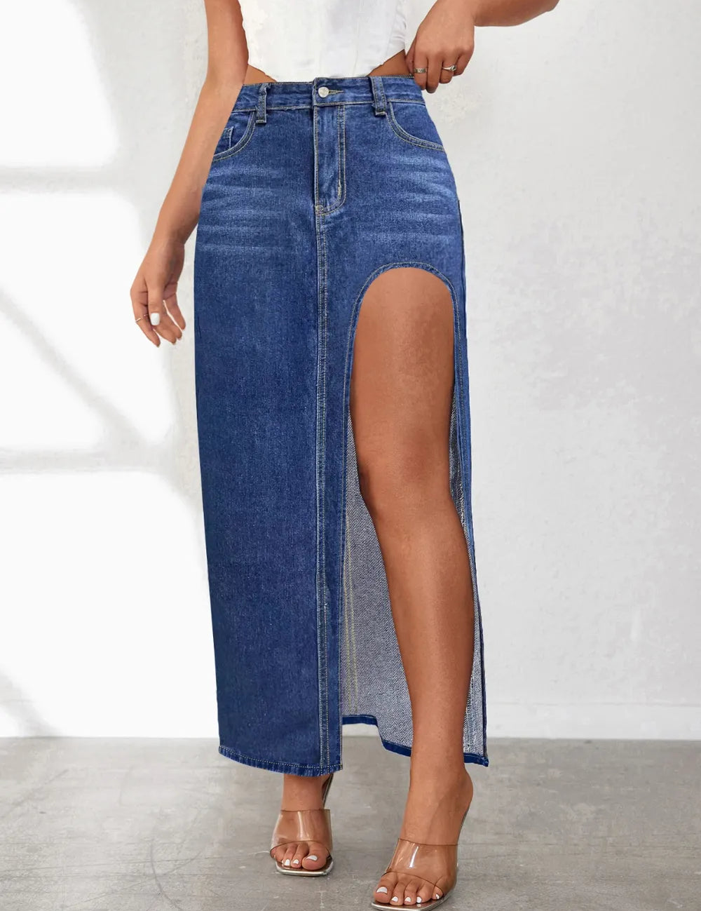Dark Blue High Rise Slit Denim Skirt | Skirts Daverri Fashions