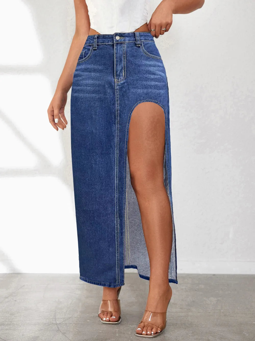 Dark Blue High Rise Slit Denim Skirt | Skirts Daverri Fashions