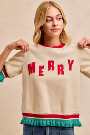 Cream Merry Sweatshirt with Red Green Trim and Puff Sleeves