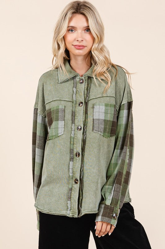 Mittoshop Button Down Contrast Plaid Patchwork Shacket