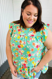 Mint Floral Yoke Flutter Sleeve Keyhole Back Top | Daverri Fashions