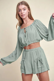 MABLE Gauze Long Sleeve Button Crop Top and Short Set | Outfit Sets Daverri Fashions