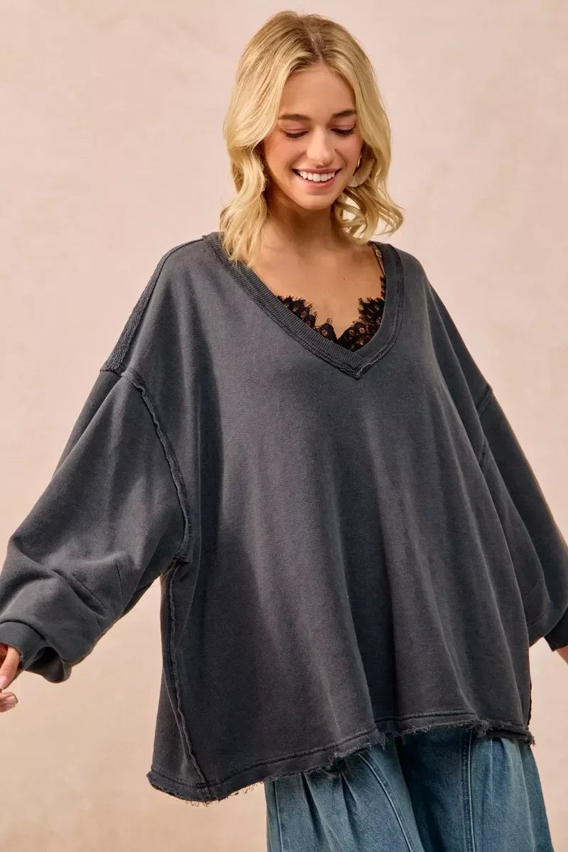 BiBi Mineral Washed French Terry Oversized Sweatshirt - DAVERRI FASHIONS