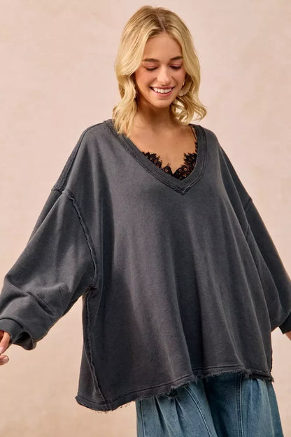 BiBi Mineral Washed French Terry Oversized Sweatshirt - DAVERRI FASHIONS