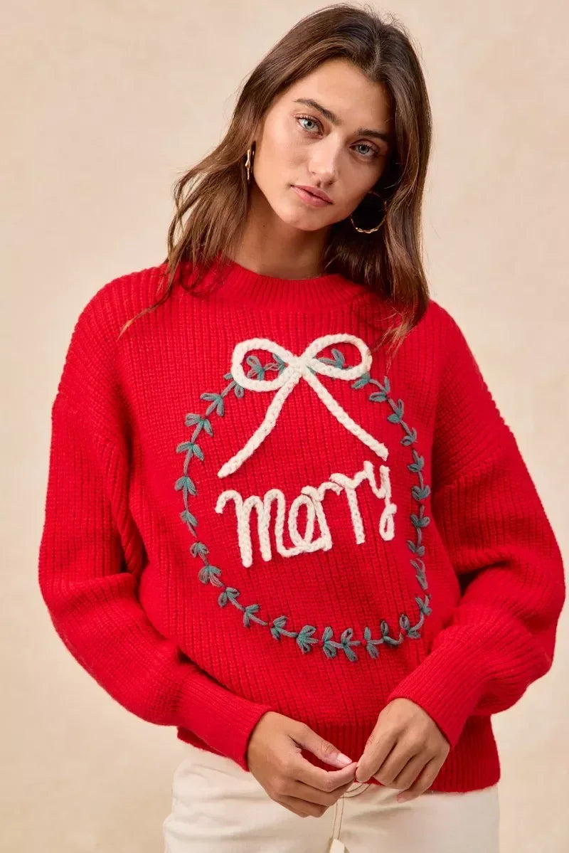 BiBi Christmas Wreath Merry Letter Knit Top - DAVERRI FASHIONS