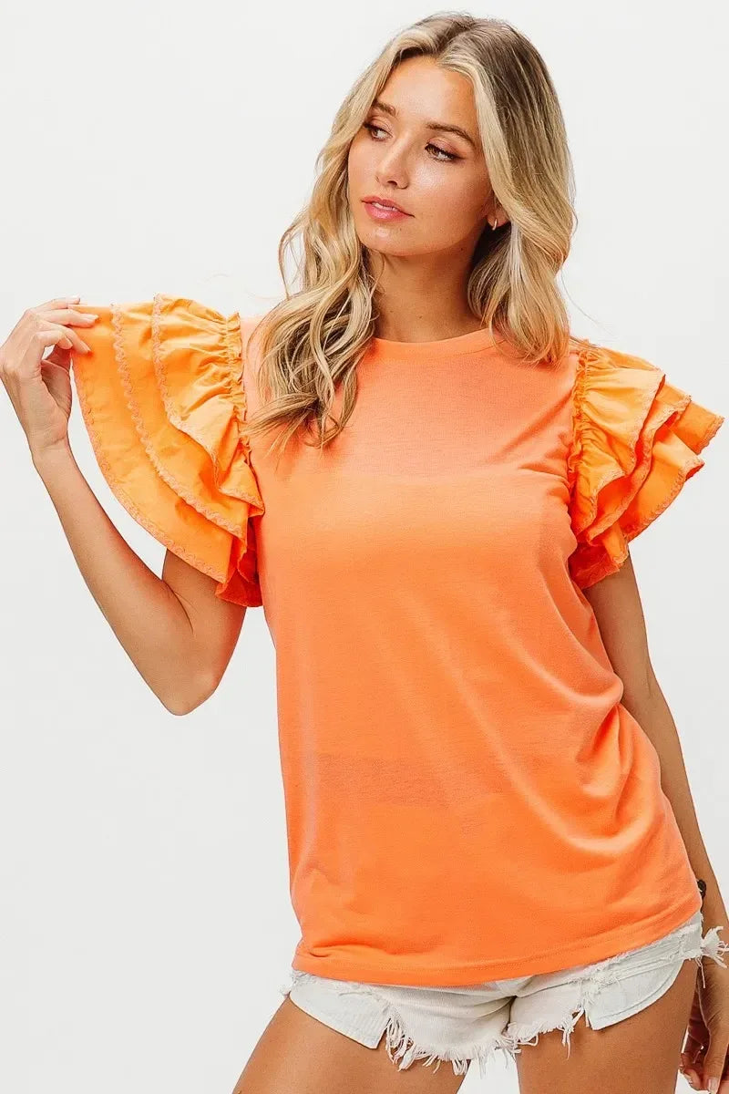 BiBi Knit Top Woven Ruffle Tiered Sleeves - DAVERRI FASHIONS