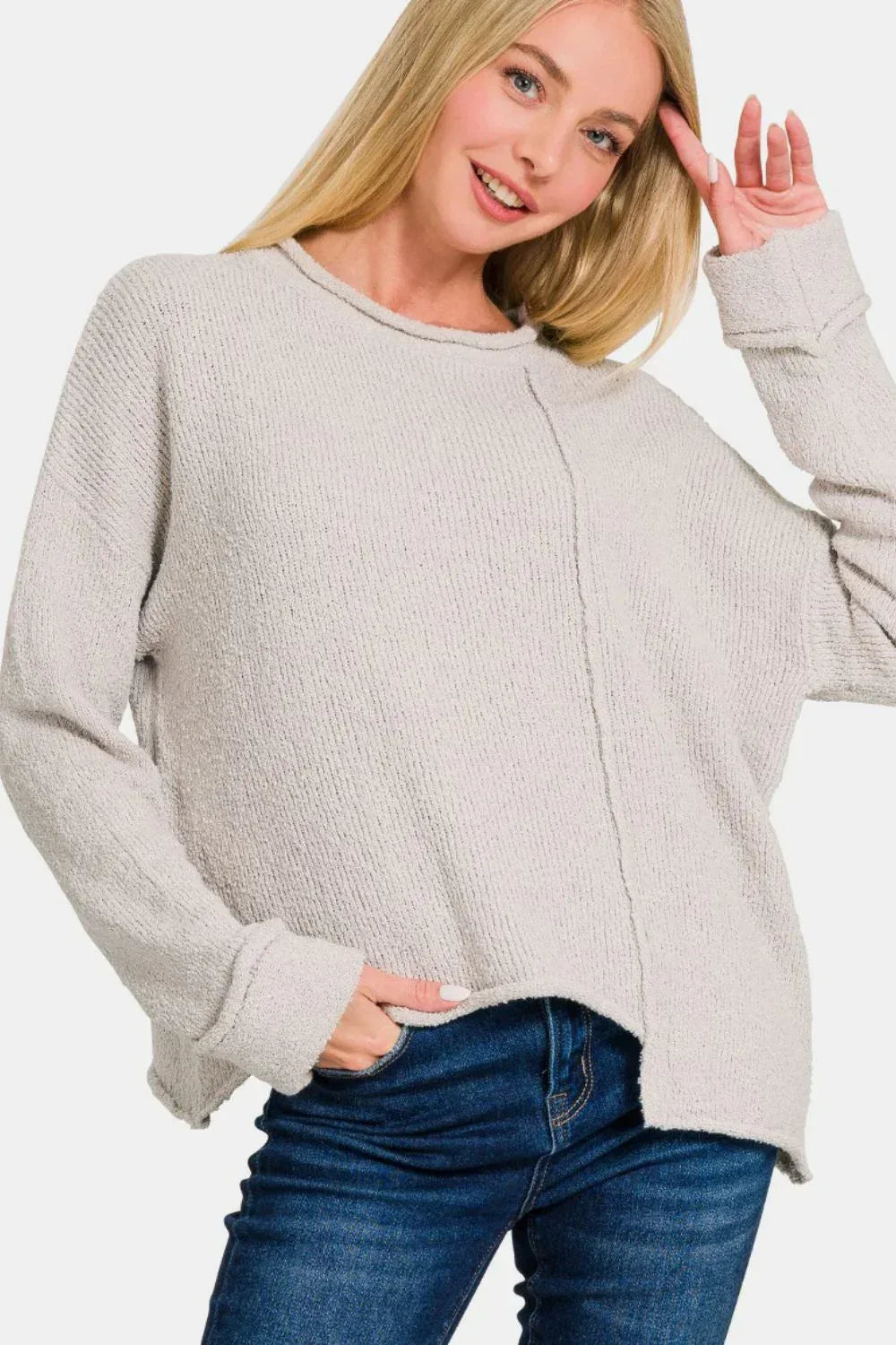 Zenana Asymmetric Hem Drop Shoulder Sweater - DAVERRI FASHIONS