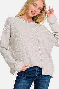 Zenana Asymmetric Hem Drop Shoulder Sweater - DAVERRI FASHIONS