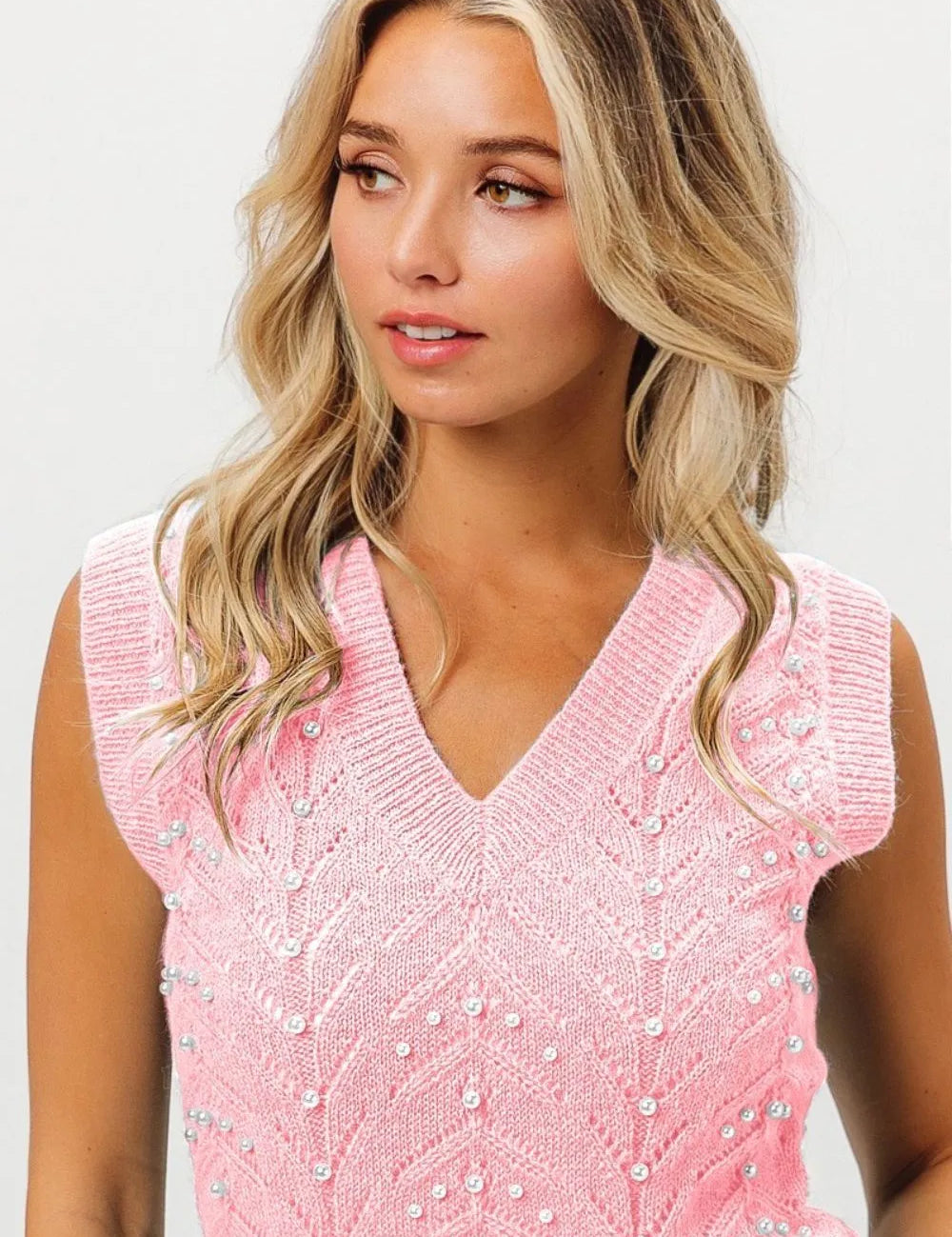 BLUSH BiBi Blush Chevron Pointelle Pearl Knit Top | Tops Daverri Fashions