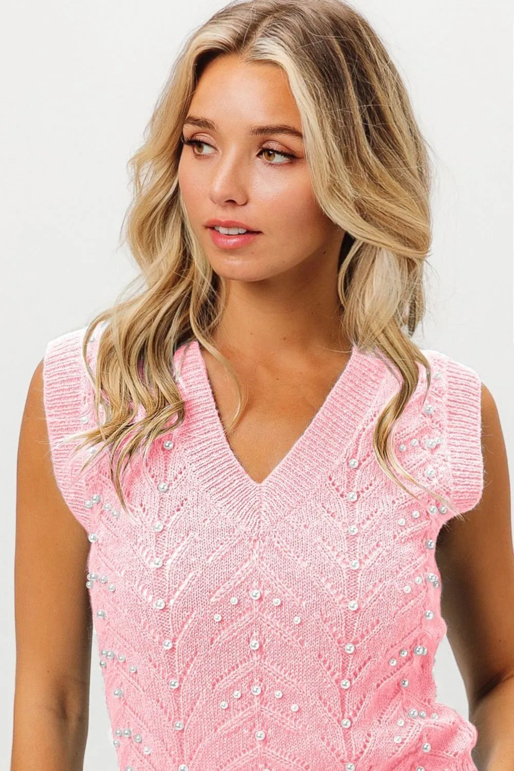 BiBi Blush Chevron Pointelle Pearl Knit Top BLUSH Tops