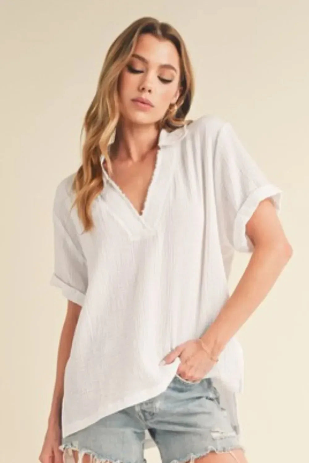 Aemi + Co Side Slit Johnny Collar Short Sleeve Cotton Gauze Blouse - DAVERRI FASHIONS