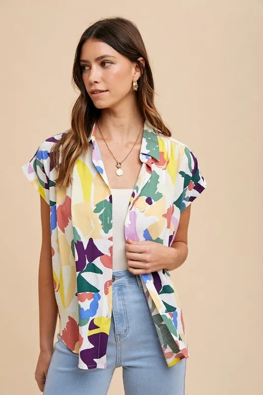 Annie Wear Multi Color Button Down Pleated Shoulder Top