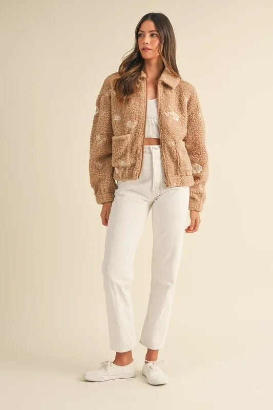 MABLE Floral Embroidered Fleece Teddy Jacket