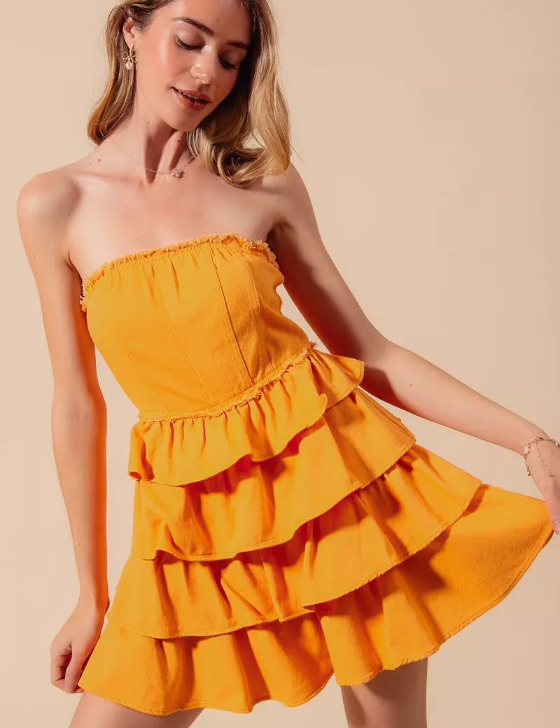 GOLD SO ME Strapless Ruffle Layered Game Day Cheer Up Dress | Daverri Fashions