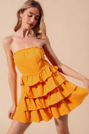 GOLD SO ME Strapless Ruffle Layered Game Day Cheer Up Dress | Daverri Fashions