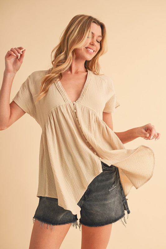 Aemi + Co Tuck Detail V-Neck Short Sleeve Blouse Blouses