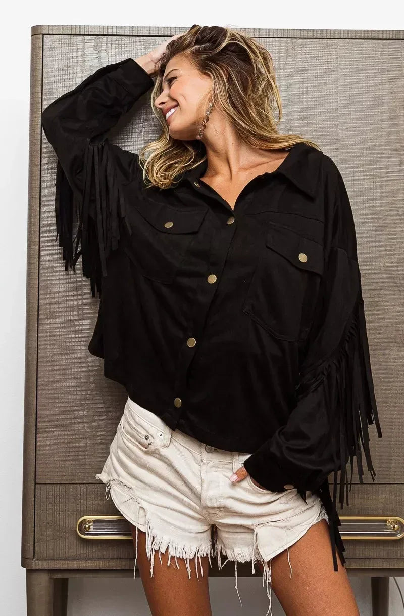 BiBi Suede Fringe Long Sleeve Jacket - DAVERRI FASHIONS