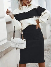 Black Two-Tone Ribbed Knit Top and Skirt Sweater Set | Outfit Sets Daverri Fashions