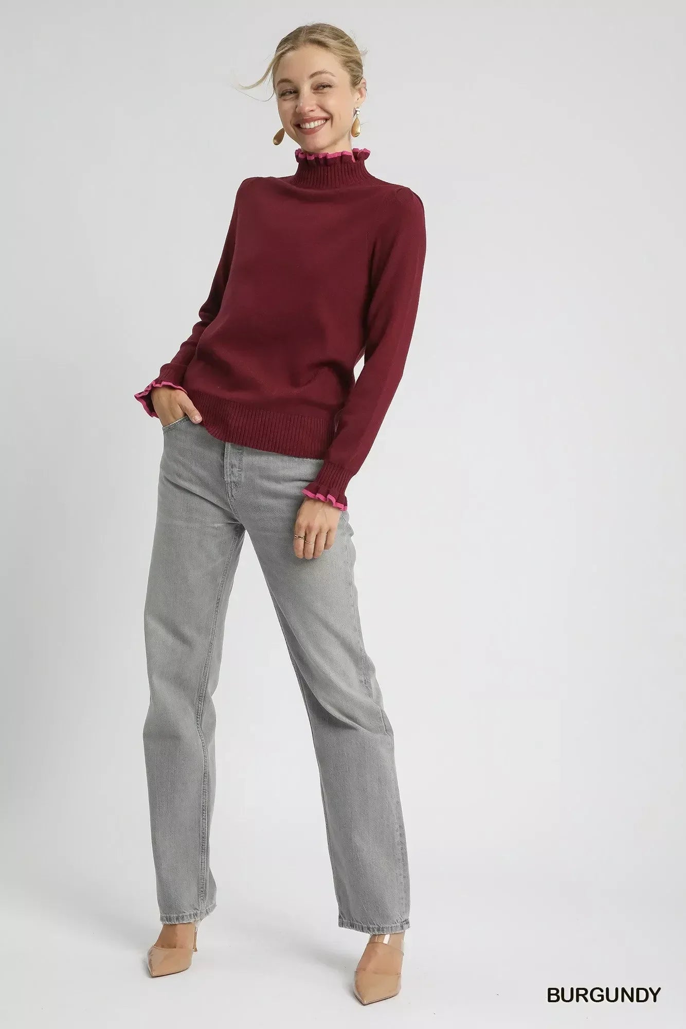 Umgee Ribbed Round Neck Sweater with Ruffle Contrast Trim - DAVERRI FASHIONS