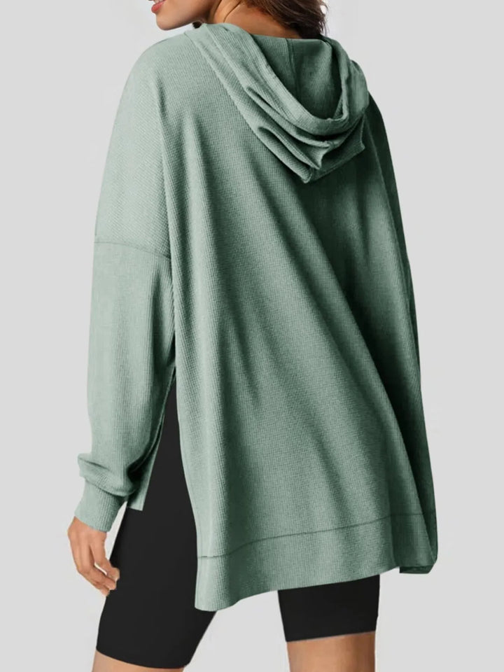 Slit Drawstring Waffle Knit Hoodie | Hoodies Daverri Fashions