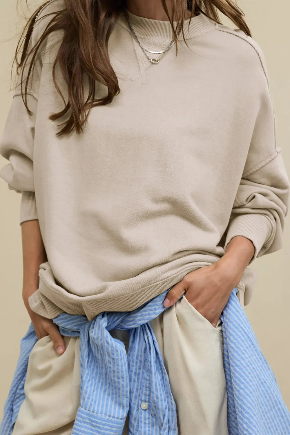 Side Slit Round Neck Long Sleeve Sweatshirt | Sweatshirts Daverri Fashions