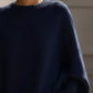 Cozy navy blue oversized batwing sleeve knit sweater for women