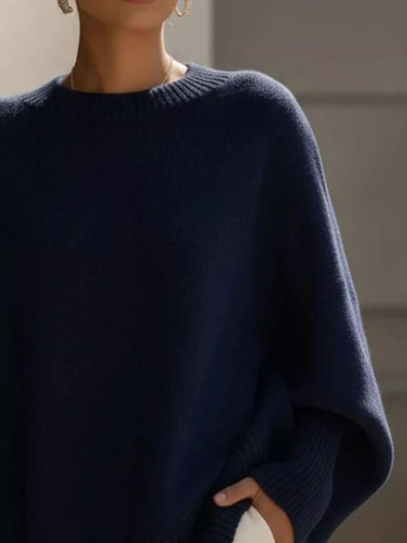 Cozy navy blue oversized batwing sleeve knit sweater for women