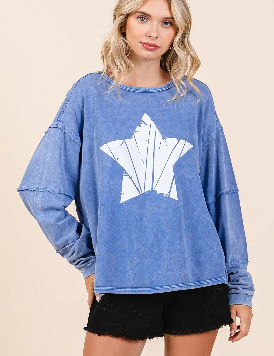 FRENCH BLUE Mittoshop Star Graphic Mineral Wash Long Sleeve Top | Tops Daverri Fashions
