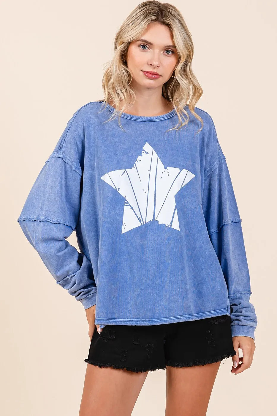 FRENCH BLUE Mittoshop Star Graphic Mineral Wash Long Sleeve Top | Tops Daverri Fashions