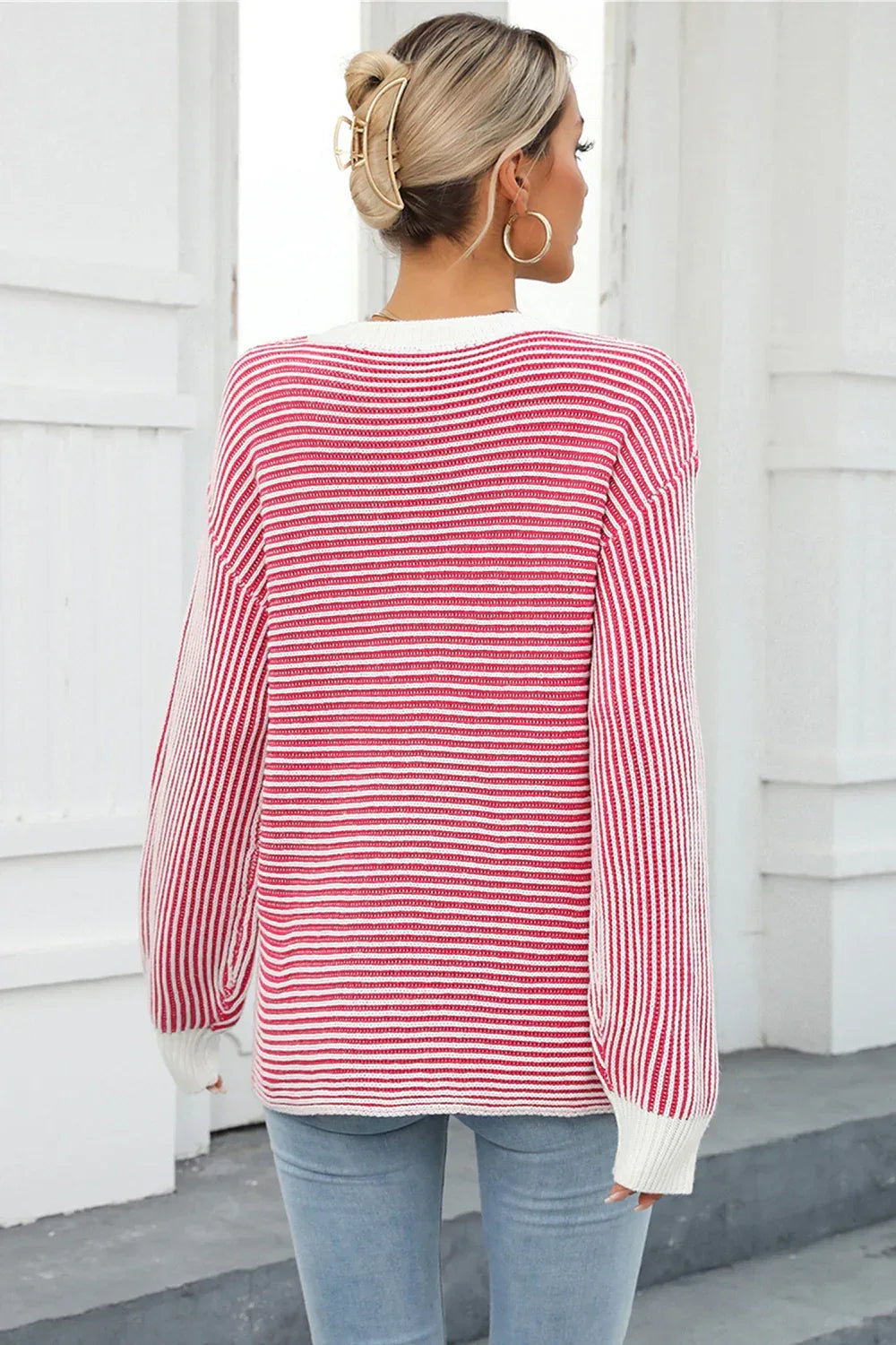 Angel Wings Striped Round Neck Long Sleeve Knit Top - DAVERRI FASHIONS