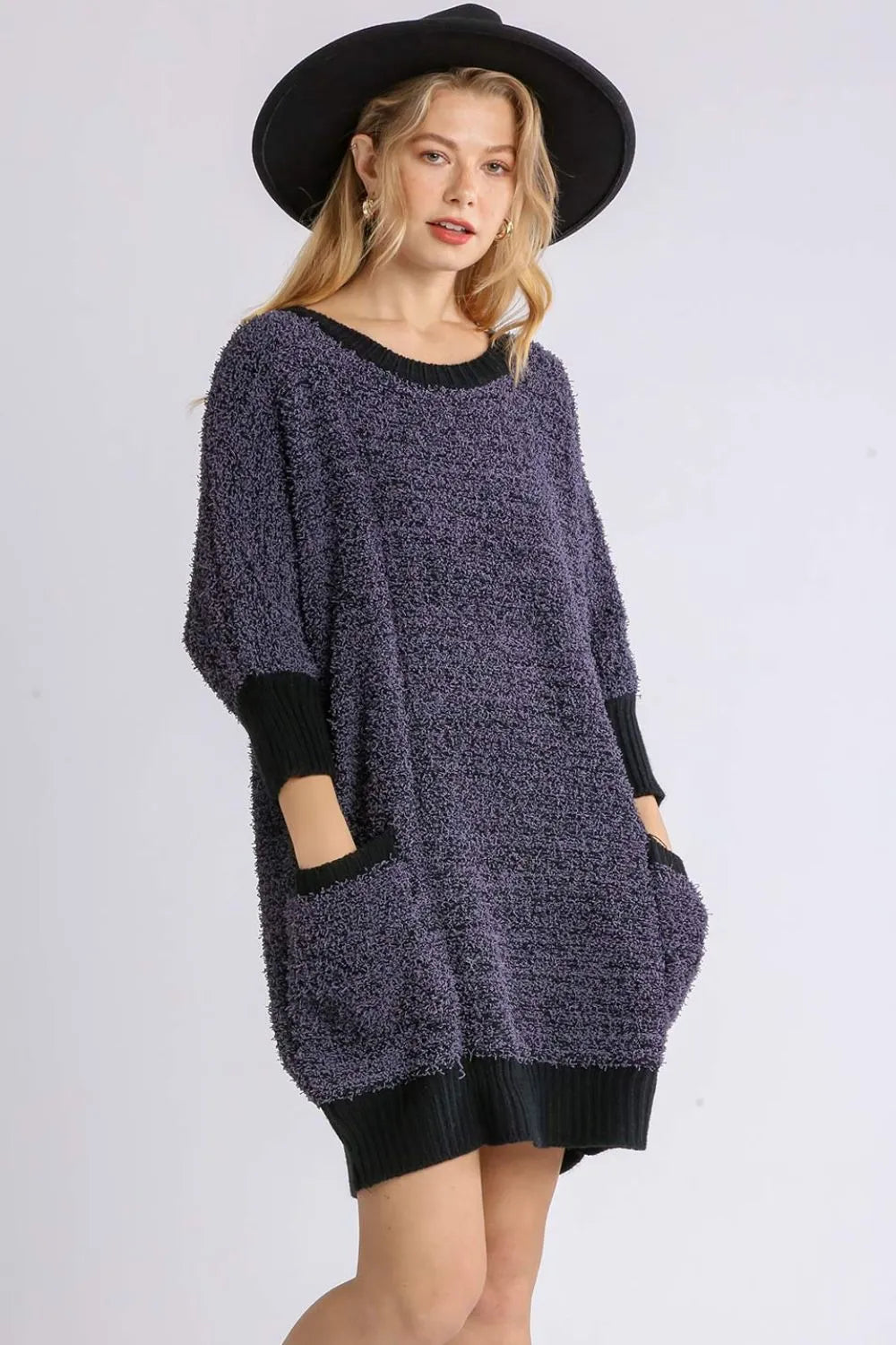 Umgee Full Size Ribbed Hem Round Neck 3/4 Sleeve Sweater Dress with Pockets Plus Size | Daverri Fashions