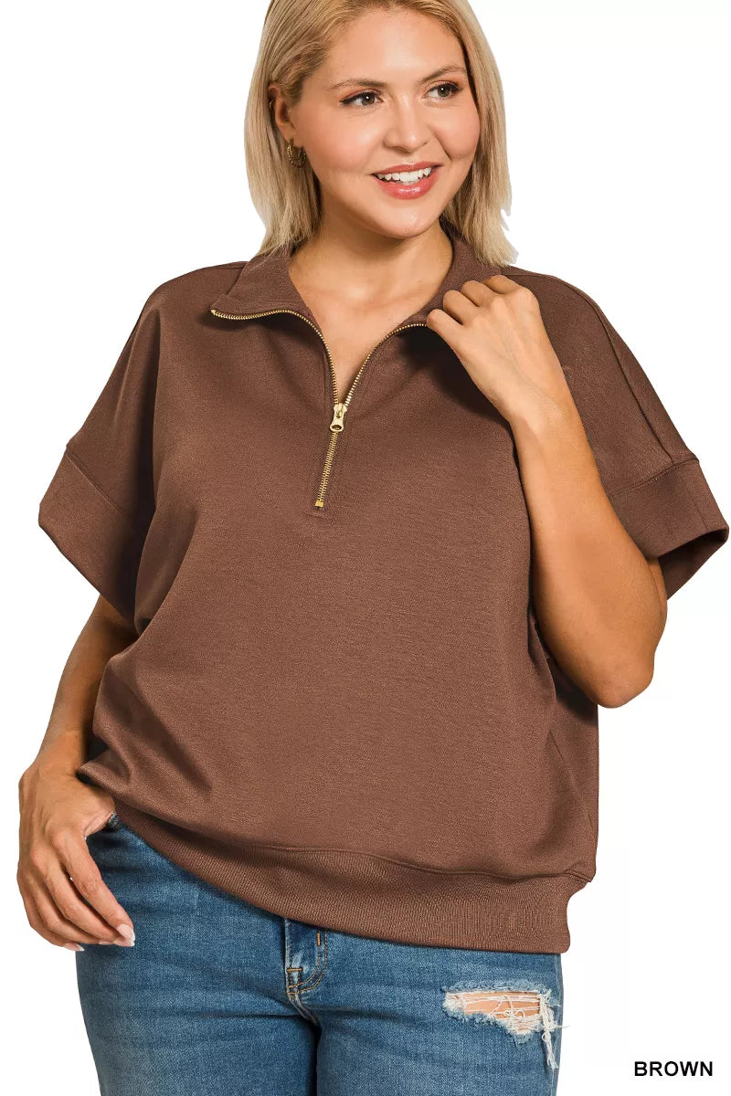 Zenana Full Size Scuba High Neck Half Zip Short Sleeve Top Plus Size | Daverri Fashions