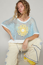 POL Hollow Out Flower Half Sleeve Knit Cover Up Pastel Blue