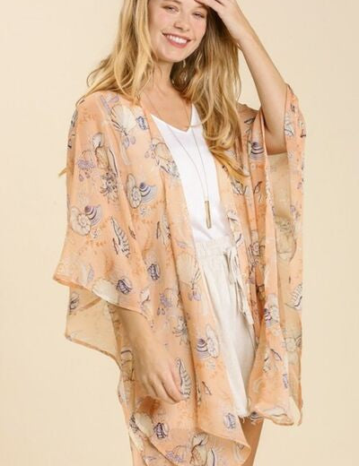 Umgee Full Size Sheer Mixed Print Kimono with Side Slit Plus Size PEACH MIX Kimonos