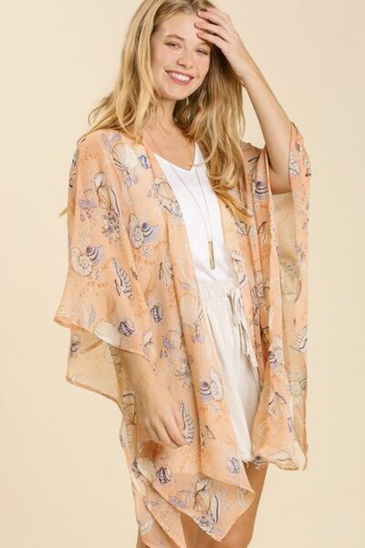 Umgee Full Size Sheer Mixed Print Kimono with Side Slit Plus Size PEACH MIX Kimonos