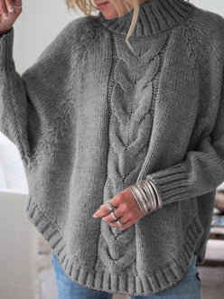 Gray cable-knit oversized turtleneck sweater, plus size