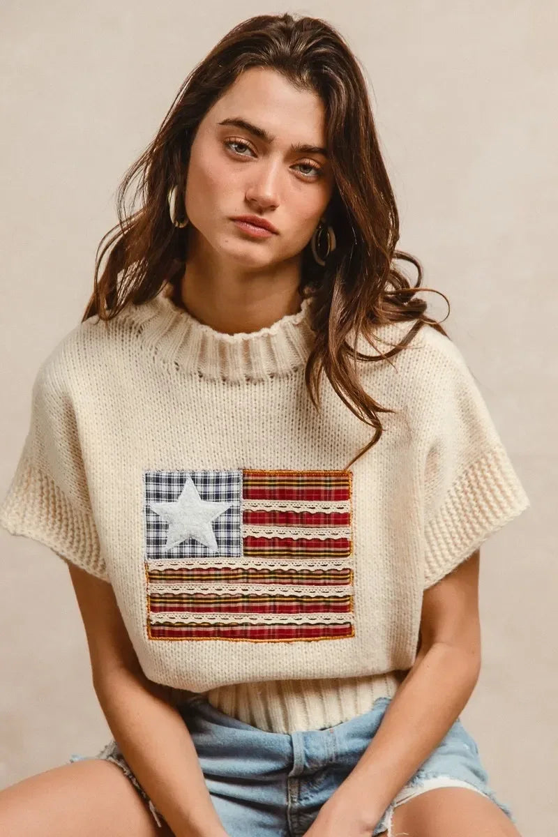 BiBi American Flag Patchwork Drop Shoulder Sweater - DAVERRI FASHIONS