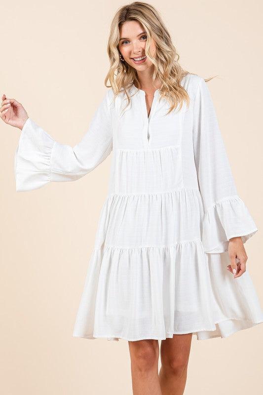 Mittoshop Tiered Notched Flare Sleeve Dress - DAVERRI FASHIONS