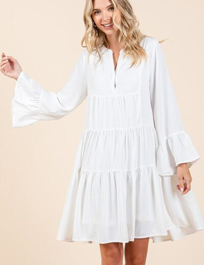 Mittoshop Tiered Notched Flare Sleeve Dress Midi Dresses