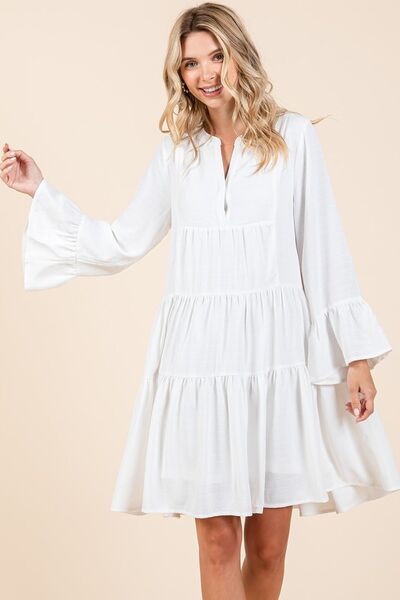 Mittoshop Tiered Notched Flare Sleeve Dress Midi Dresses