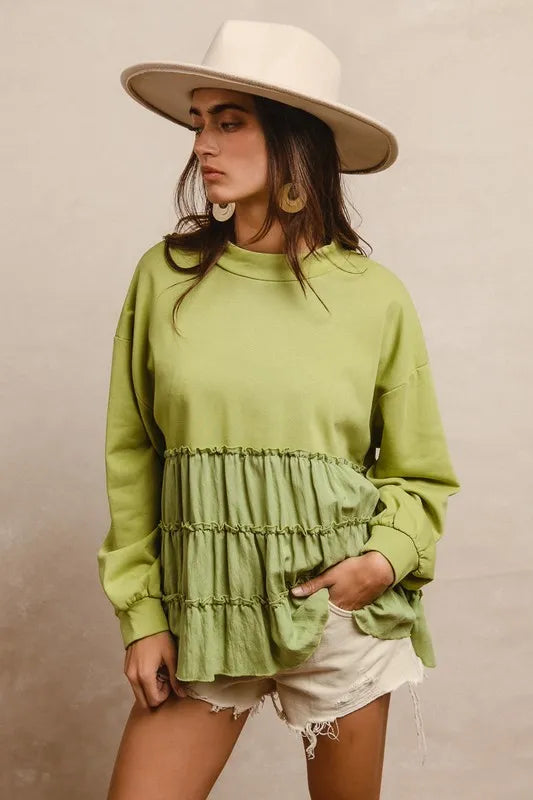 BiBi French Terry and Woven Mixed Tiered Top Tops