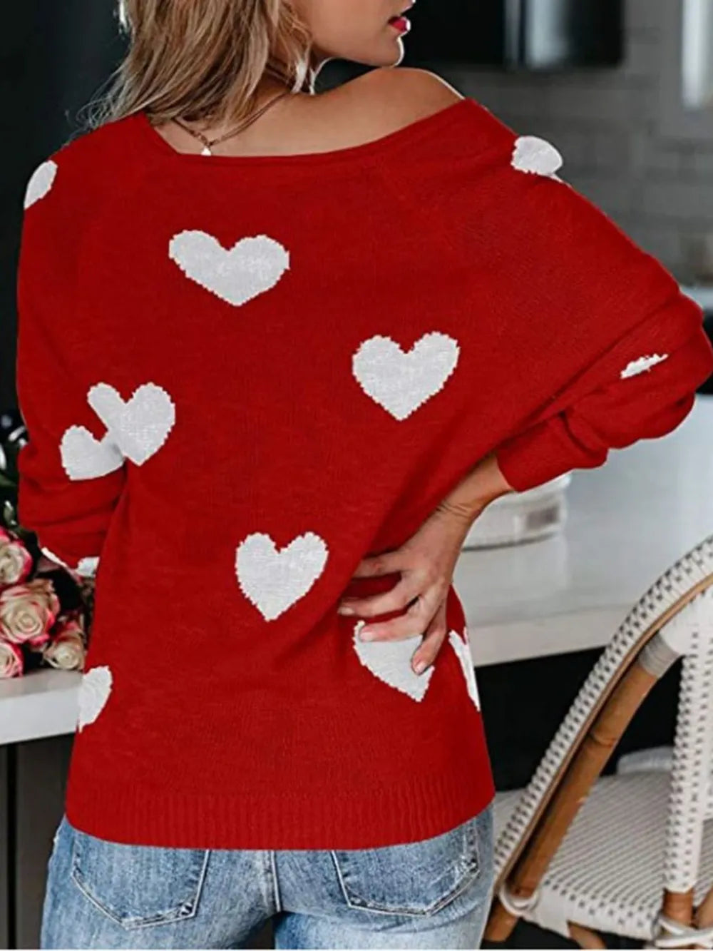 Red off-the-shoulder heart scoop neck long sleeve sweater