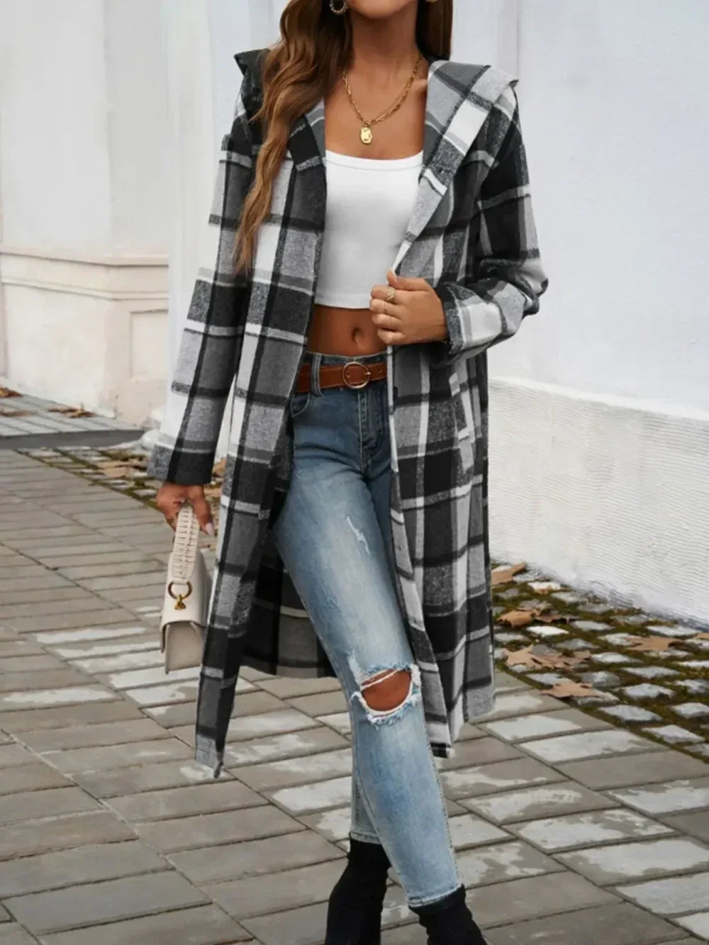 Devine Plaid Long Sleeve Hooded Coat - DAVERRI FASHIONS