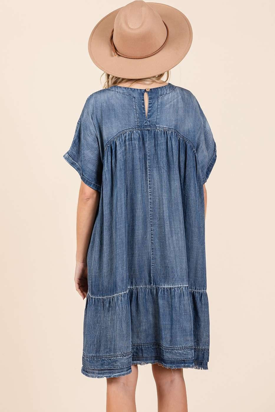 Mittoshop Washed Chambray Denim Oversized Tier Mini Dress Mini Dresses