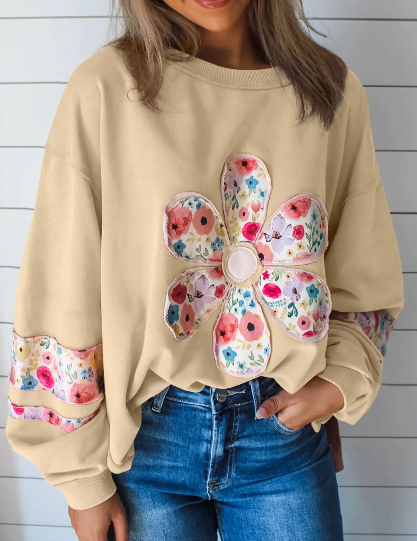 Oversized Floral Applique Drop Shoulder Sweatshirt | Sweatshirts Daverri Fashions