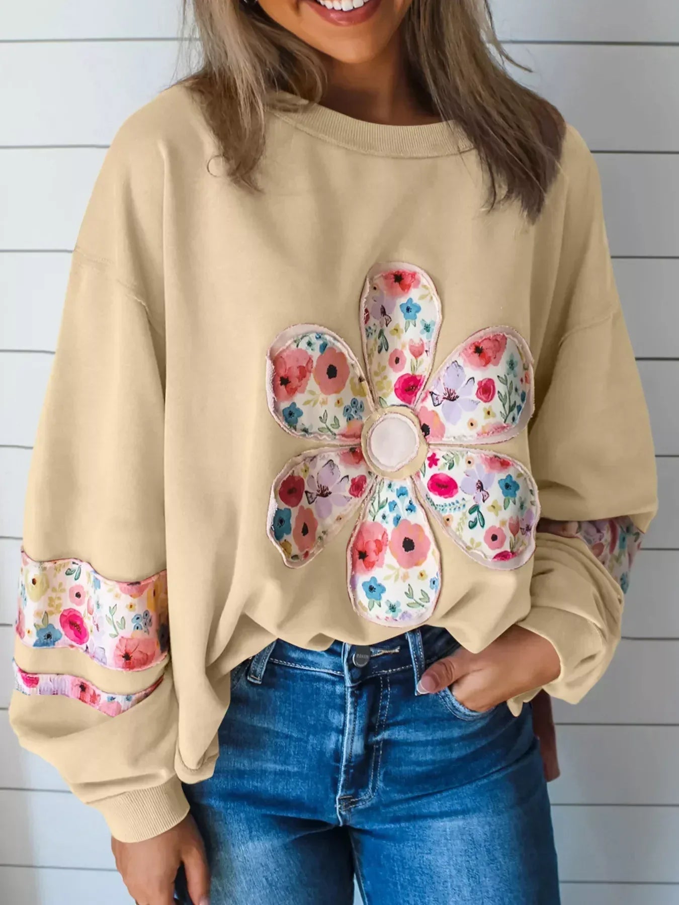 Oversized Floral Applique Drop Shoulder Sweatshirt - DAVERRI FASHIONS