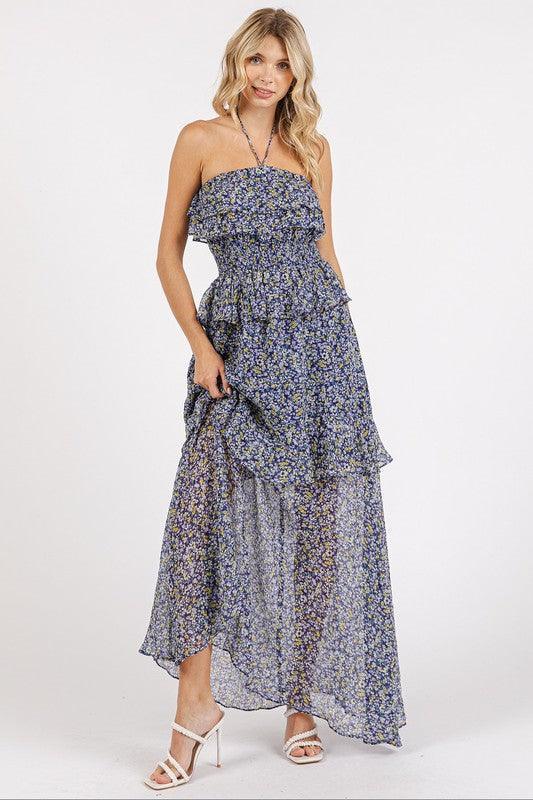 Mittoshop Ruffled Smocked Floral Halter Neck Maxi Dress - DAVERRI FASHIONS