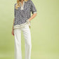 Umgee navy white leaf print popover top with embroidered trim