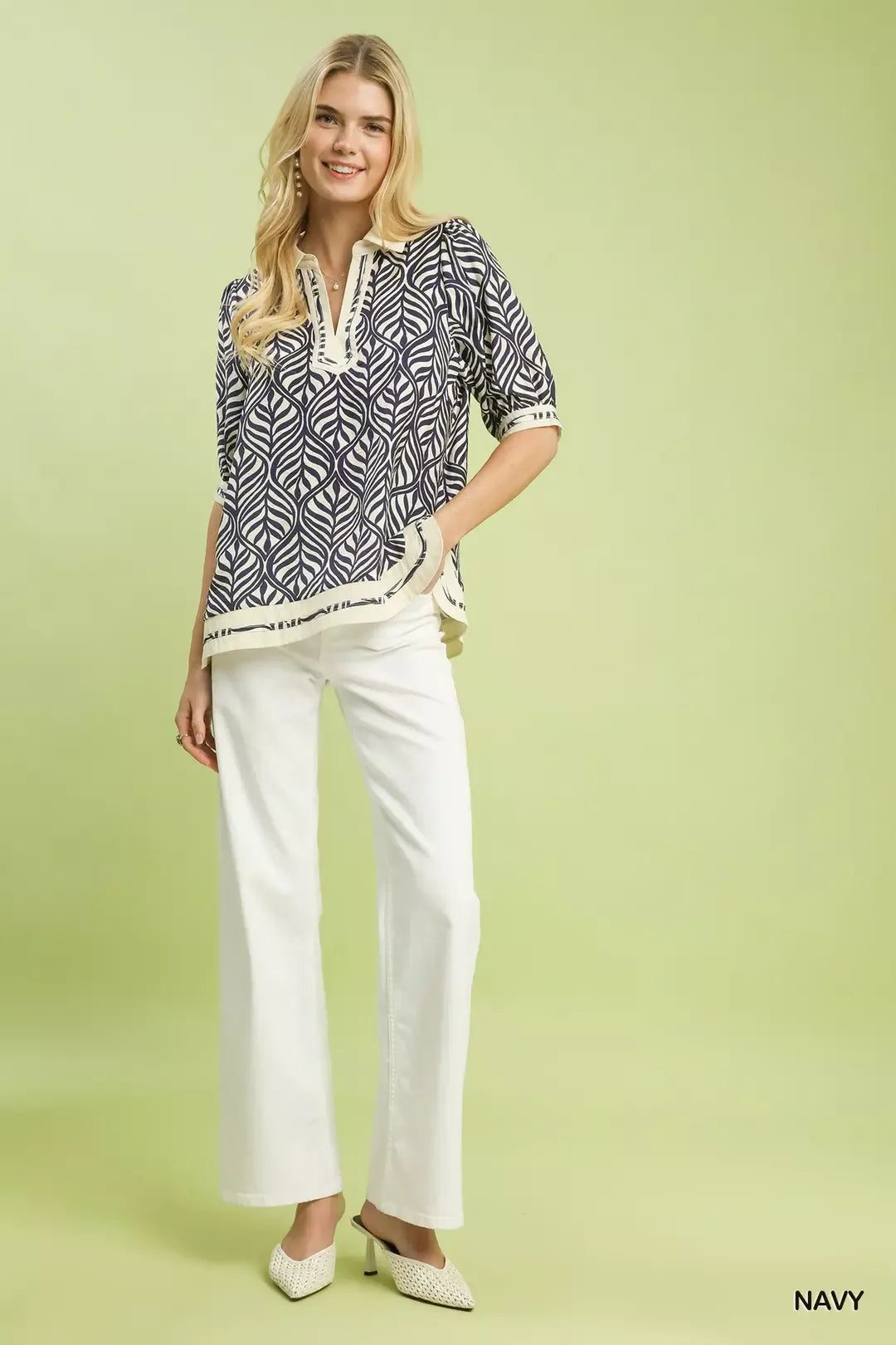 Umgee navy white leaf print popover top with embroidered trim