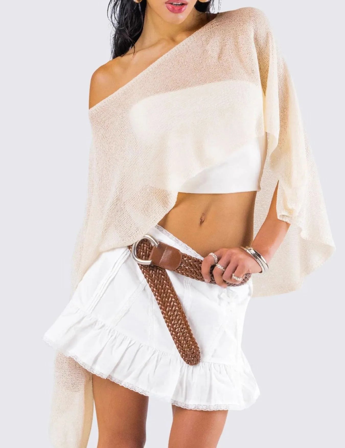 Ivory Boat Neck Long Sleeve knit Cover Up | Cover-Ups Daverri Fashions